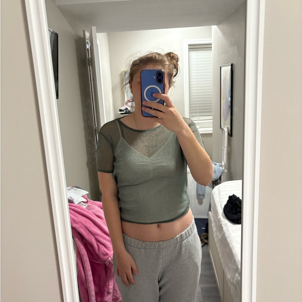 Brandy Melville Metallic Olive Sheer Crop Top